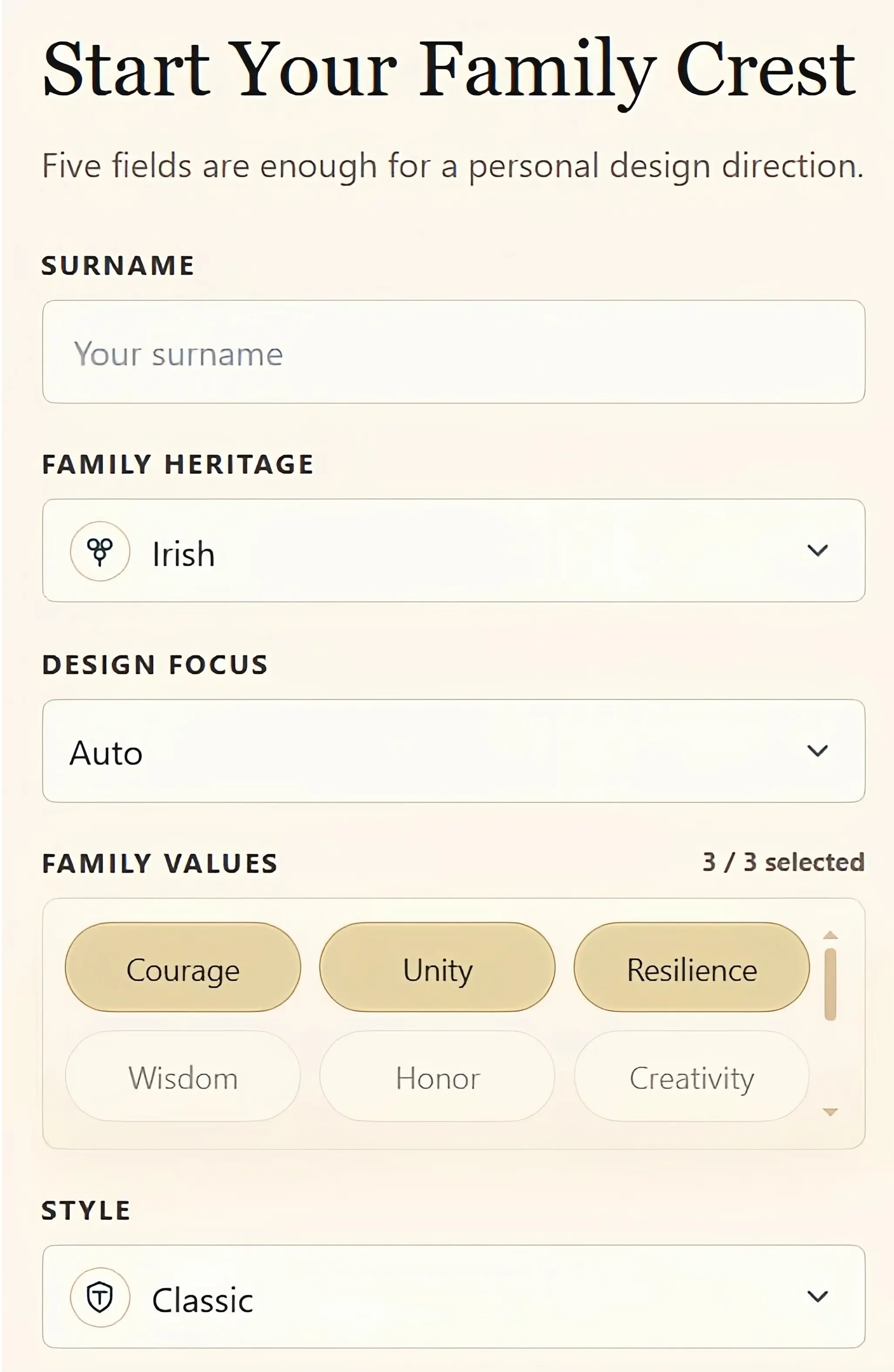 Enter your family details and values | Emblecraft