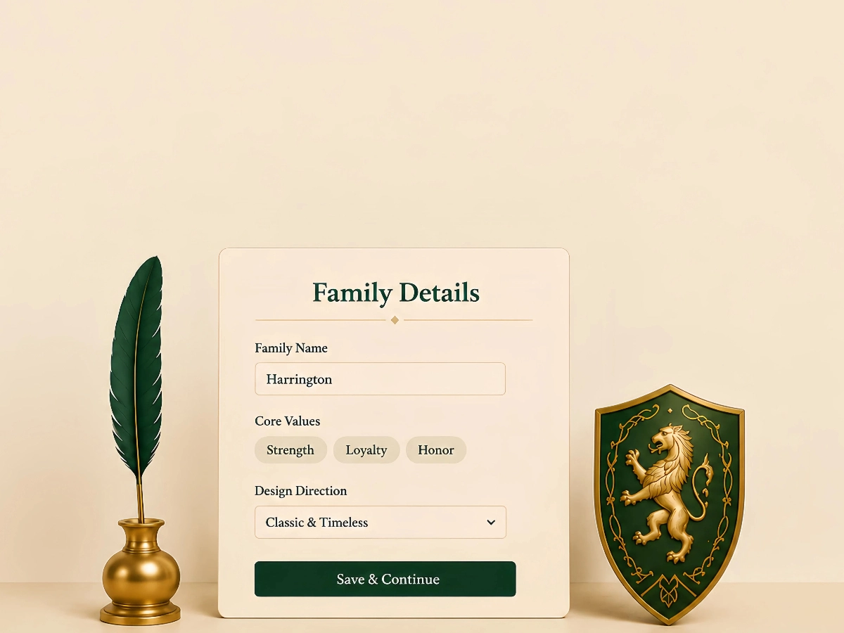 Family details form with surname, values, and design direction